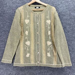 T-C Fashion Cardigan Women L Large Gray Striped Button Up Long Sleeve Knit